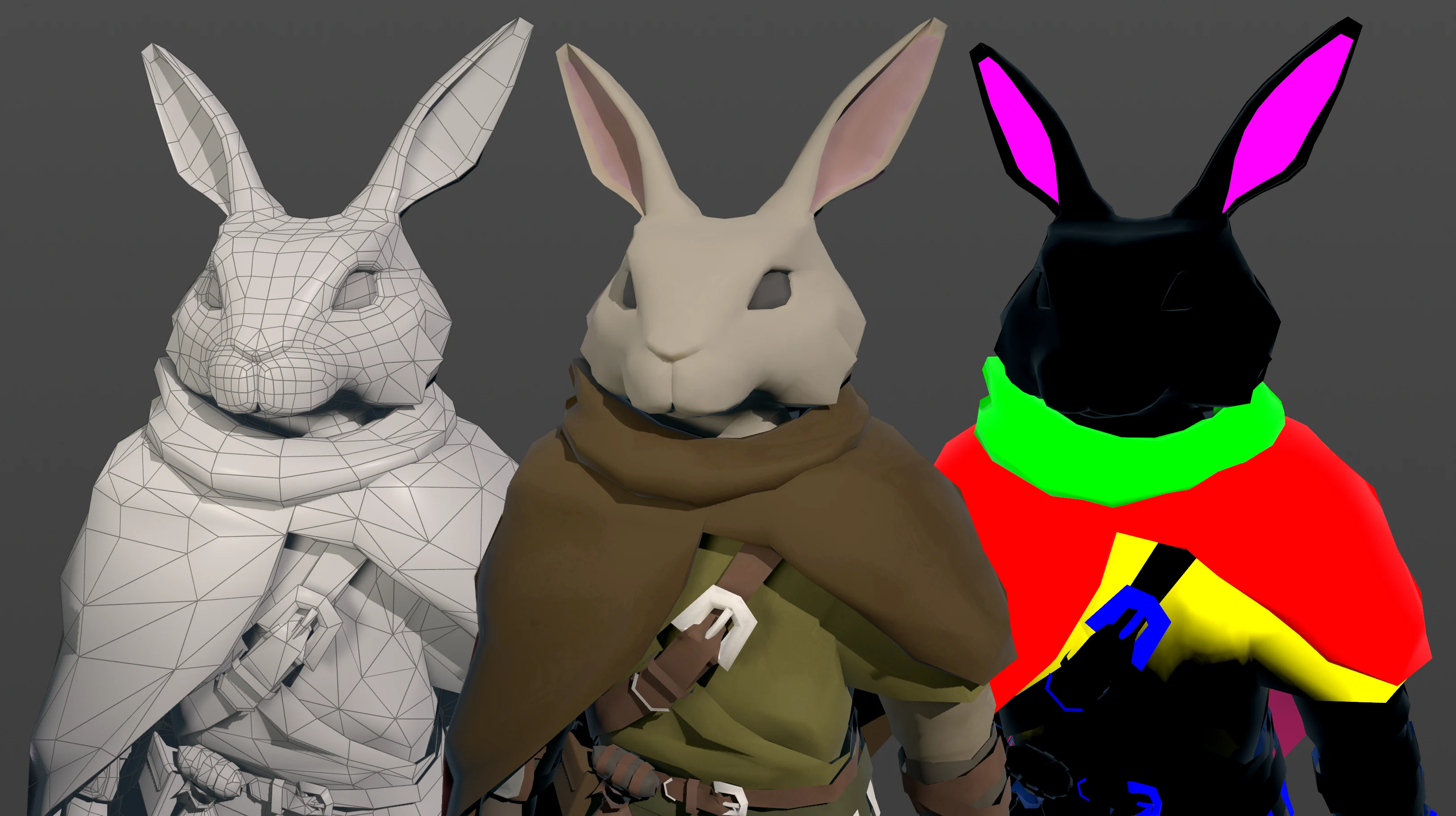 Rabbit Druid's wireframe, diffuse, and data textures